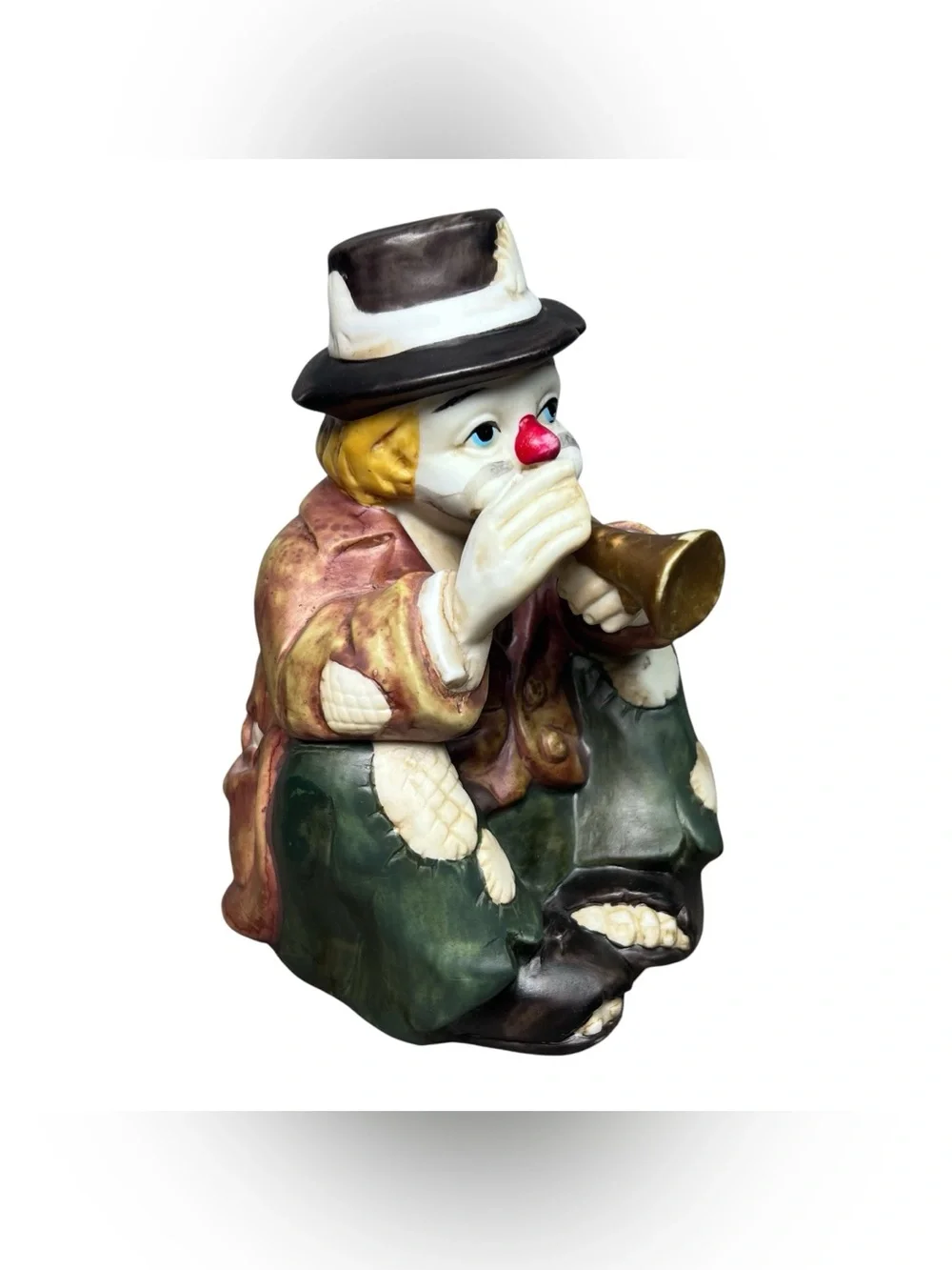 Vintage 1980 Sun Saint Ceramic Hobo Clown Music Box Wind Up Playing Trumpet Horn